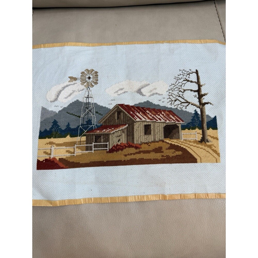 Vintage Large Embroidery Needlepoint 18x12 Crewel Yarn Art Barn And Windmill
